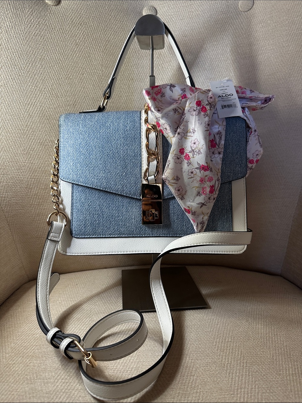 ALDO Light Blue Denim and White Top-Handle Satchel with Crossbody Strap